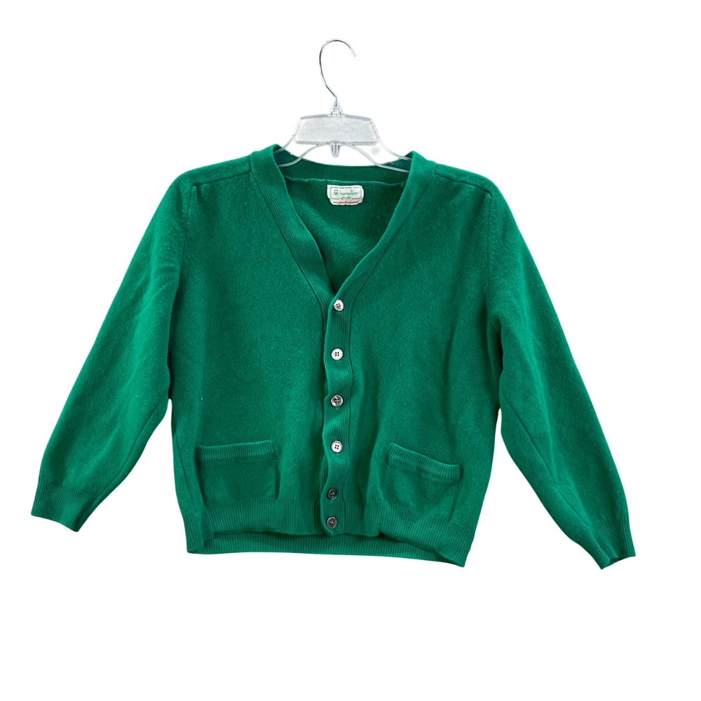 Benetton Cardigan Sweater Womens Sm Green Lambswool Vintage V-Neck Italy Pocket